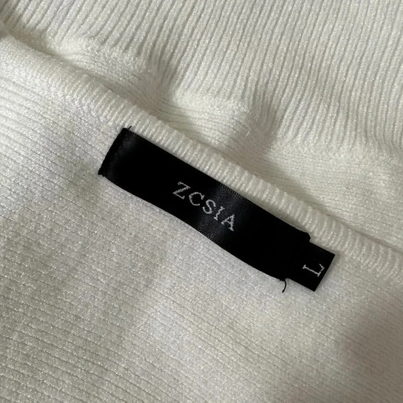 ZCSIA Sz L V-Neck Long Lace Mesh Sleeve Solid White Ribbed Knit Pullover - Picture 4 of 6